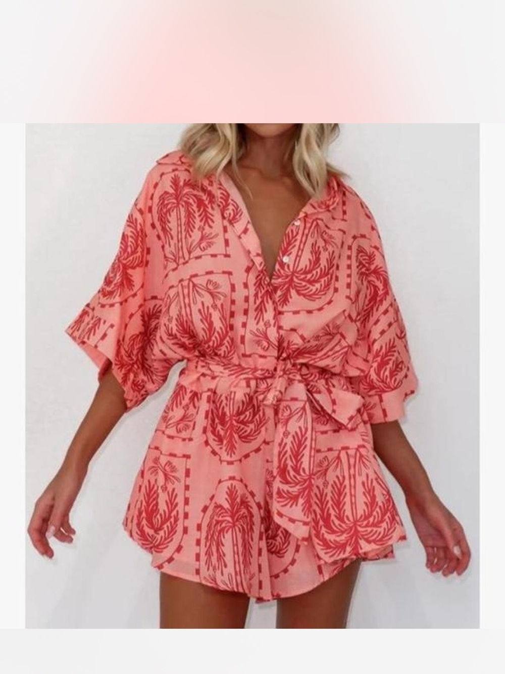 Coral Pink Printed Tie-Waist Romper